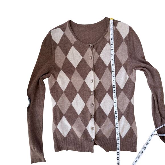 100% CASHMERE Argyle Cardigan Sweater Brown Tan Diamond Knit Soft Classic - Picture 6 of 7